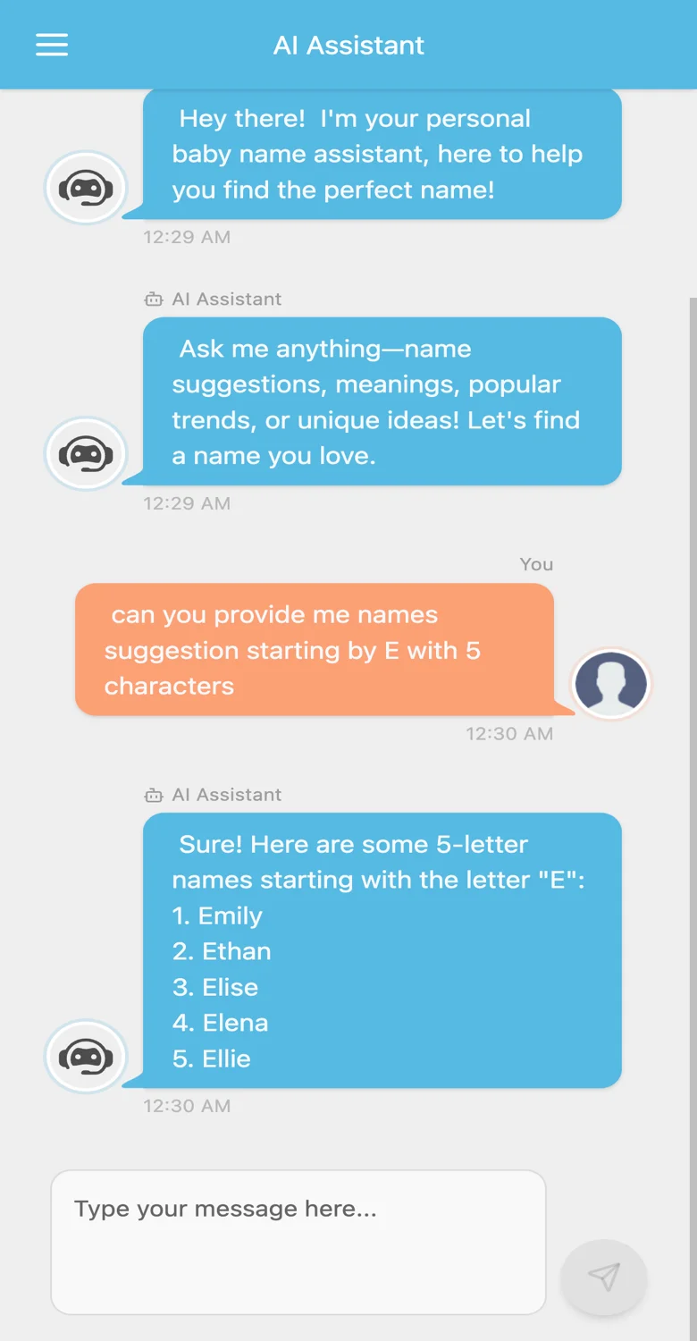 Een verzoek typen aan de AI-assistent voor babynaam-suggesties