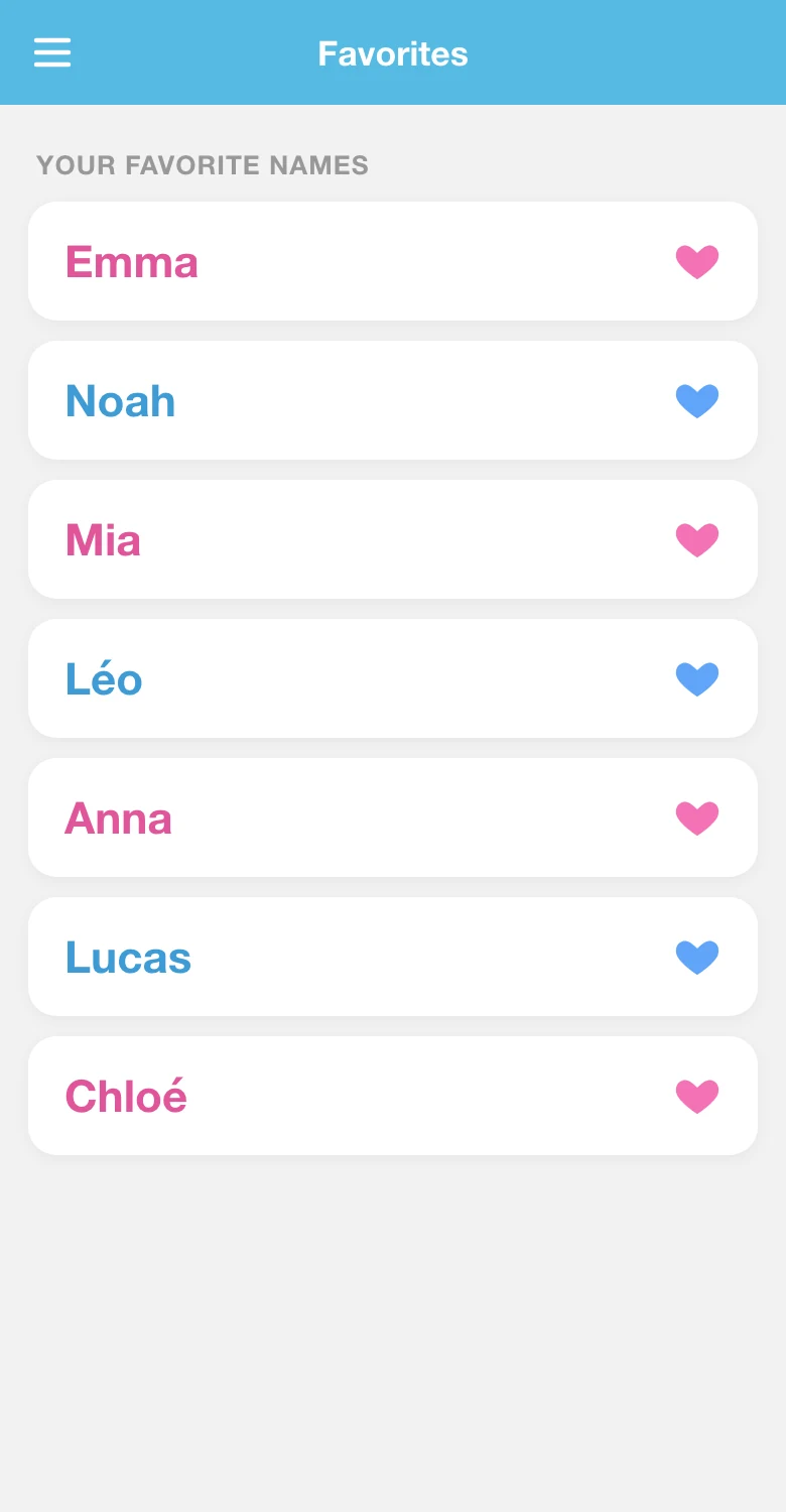 Shortlist met favoriete babynamen met hartjes in Babynaam Samen