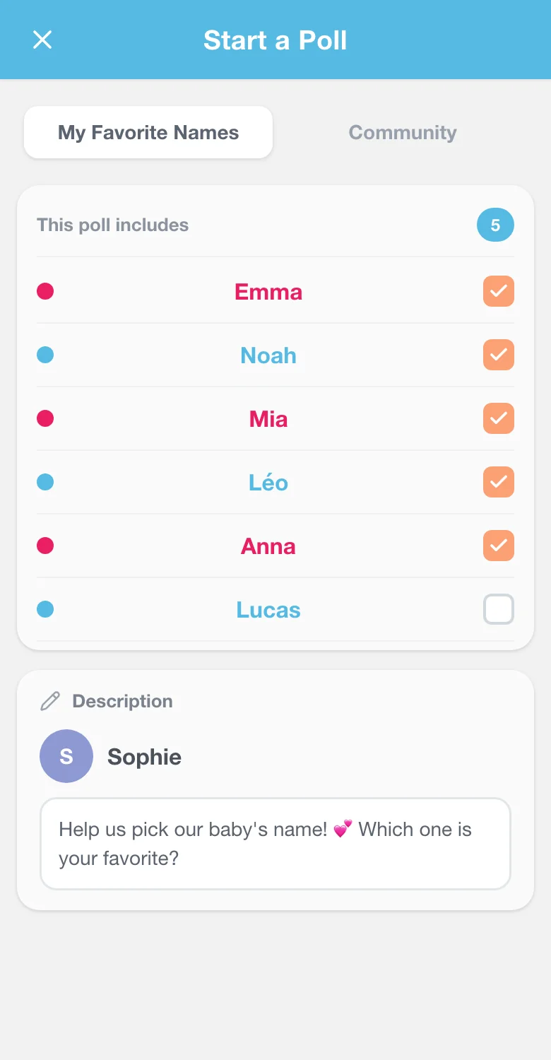 Een titel toevoegen en babynamen selecteren voor de poll