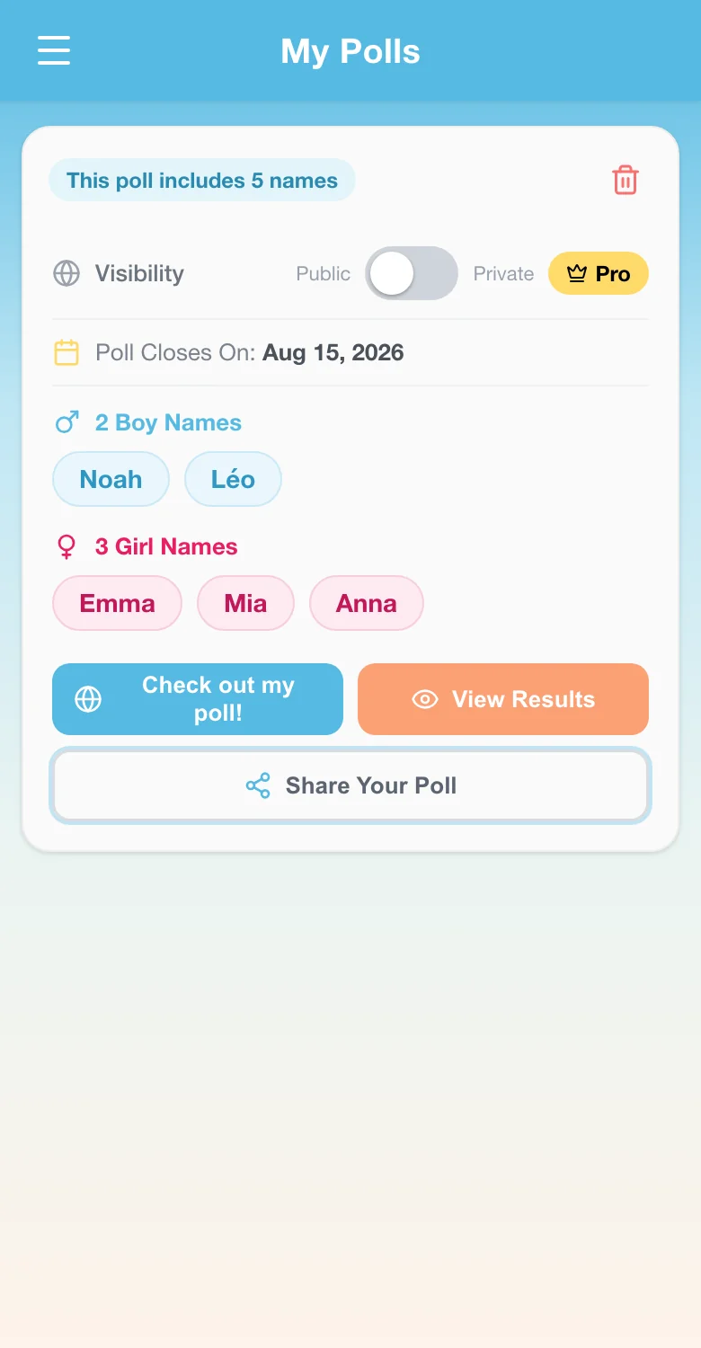 Een babynaam-poll delen via de Babynaam Samen-app